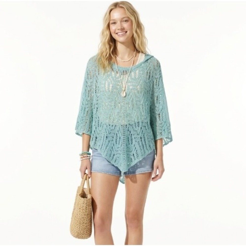 New BCBGMaxAzria Blue Turquoise Mixed Media Boho Crochet Chiffon Poncho Top XL
